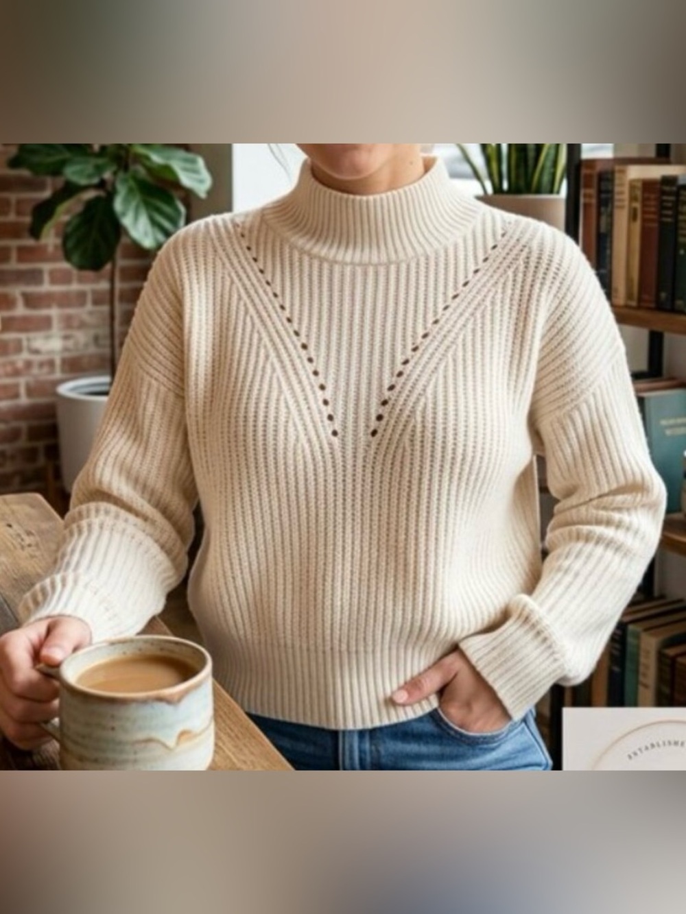 Aqua Cashmere Novelty Stitch Cashmere Mock Neck Sweater Cream Ivory size S